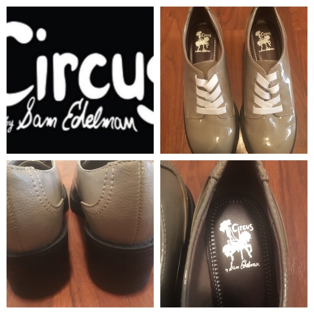 Sam Edelman Taupe Patent Pleather Oxford Flats with White Laces